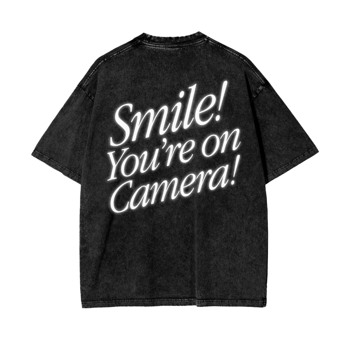 SMILE YOU'RE ON CAMERA SLANT BLACK SHIRT